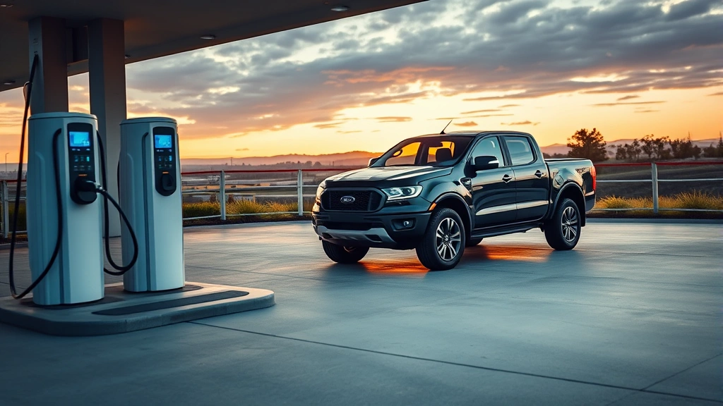 Electric pickup truck at charging station with landscape background, modern infrastructure, late afternoon golden hour lighting