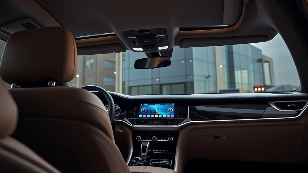 Interior detail of luxury vehicle dashboard showing premium leather, advanced infotainment touchscreen, ambient lighting, clean modern design, high-quality materials visible, professional product photography