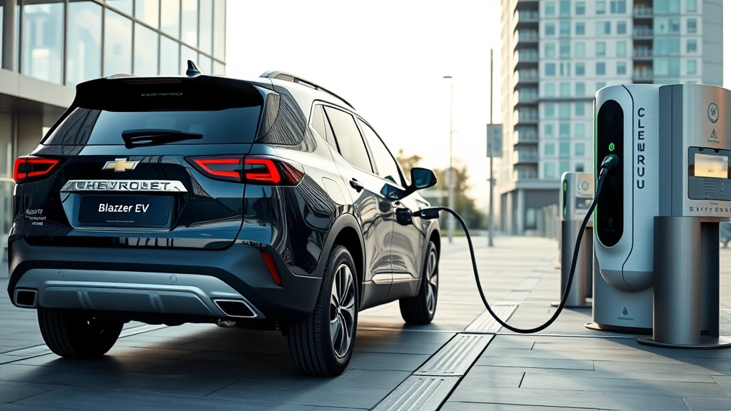 Electric SUV Chevrolet Blazer EV charging at modern station, sleek profile visible, contemporary urban setting, charging cable connected, photorealistic