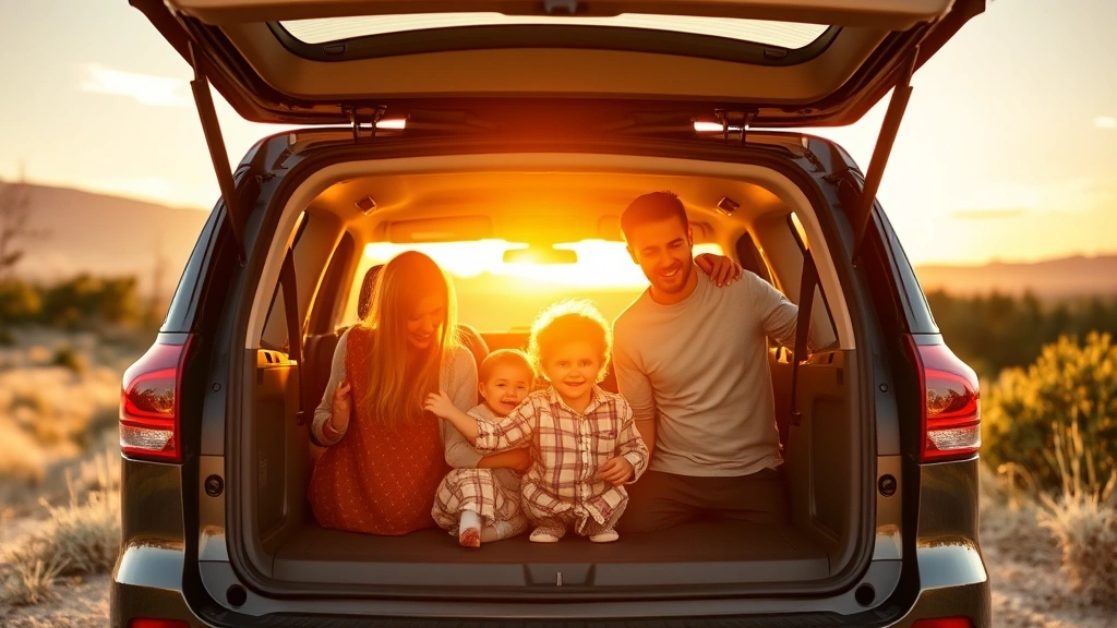 Family three-row SUV in natural landscape, open cargo area, spacious interior visible, warm golden hour lighting, outdoor setting