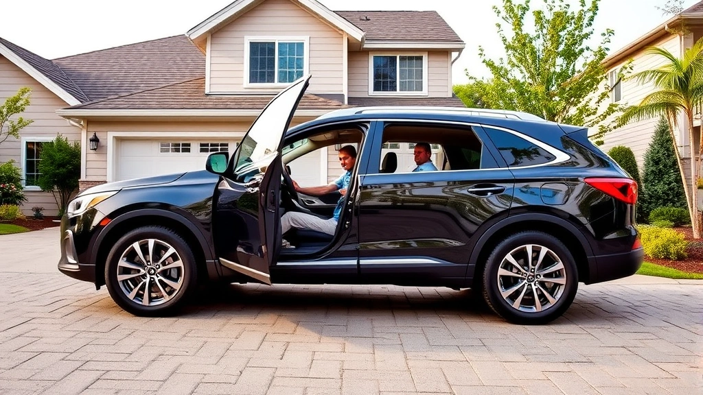 Family crossover SUV parked in residential driveway with suburban home, three-row interior visible through windows, contemporary styling