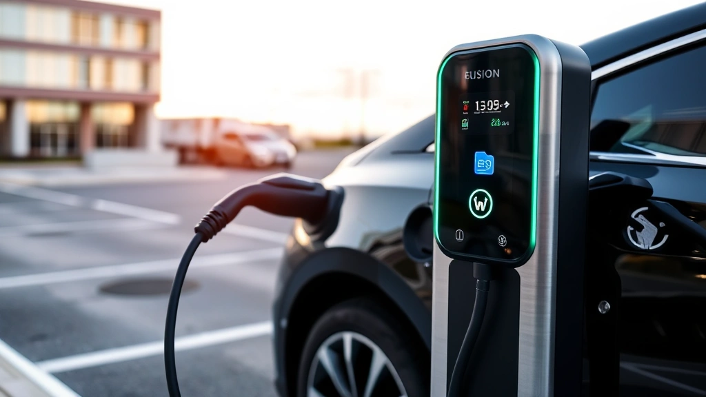 Modern electric vehicle charging station with illuminated display panel and black charging cable, sleek contemporary design in urban parking lot setting
