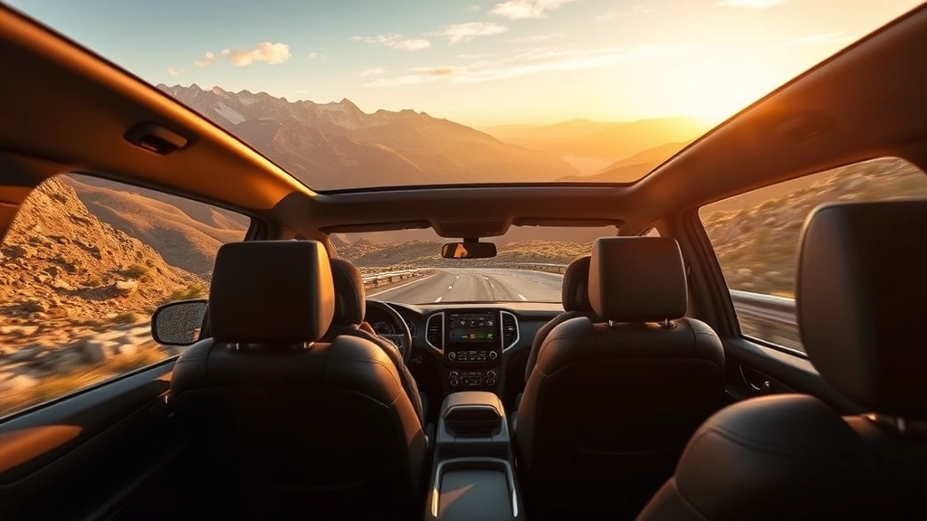 Premium SUV on mountain road, three-row seating visible, scenic landscape backdrop, dynamic driving position, golden hour lighting, alpine environment
