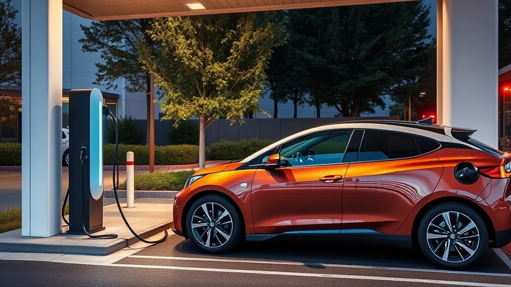 Electric vehicle charging at modern station with sleek EV parked, emphasizing sustainable transportation and charging infrastructure