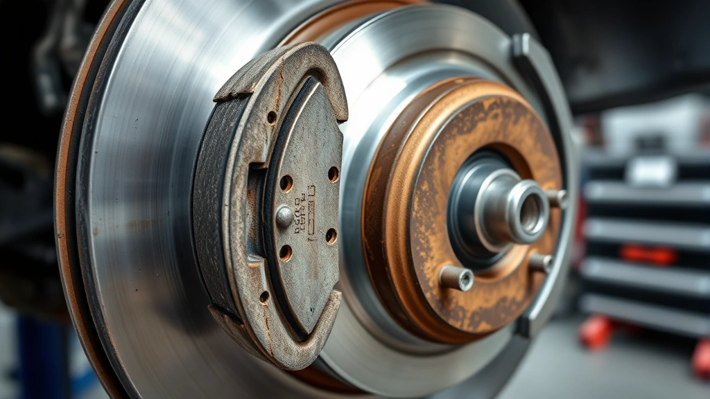 Close-up of brake pad installation on vehicle wheel, showing worn and new pads side by side, professional automotive service bay environment