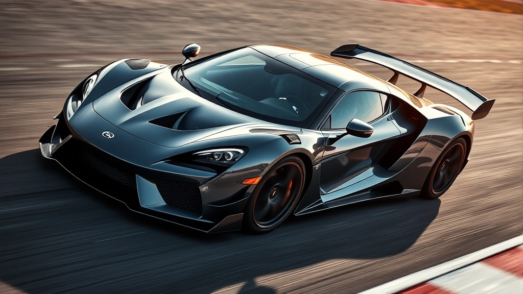 High-performance supercar on dynamic road course, aggressive stance, aerodynamic details highlighted, motion-suggesting composition, professional motorsport photography style, dramatic shadows and lighting emphasizing curves and details