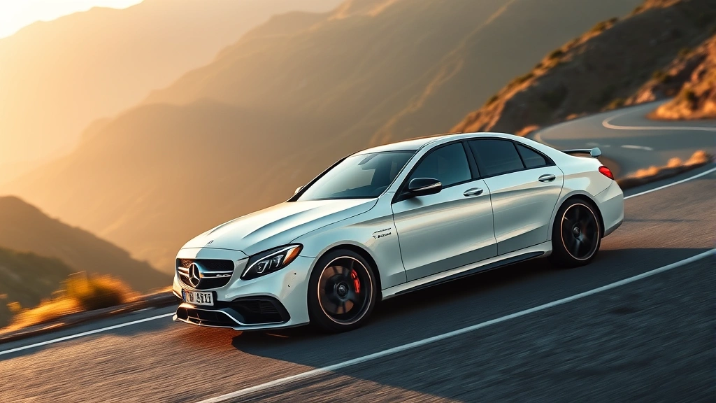 Luxury white Mercedes-AMG C63 sedan on winding mountain road, dynamic side profile, golden hour lighting, sharp focus on vehicle curves and design details
