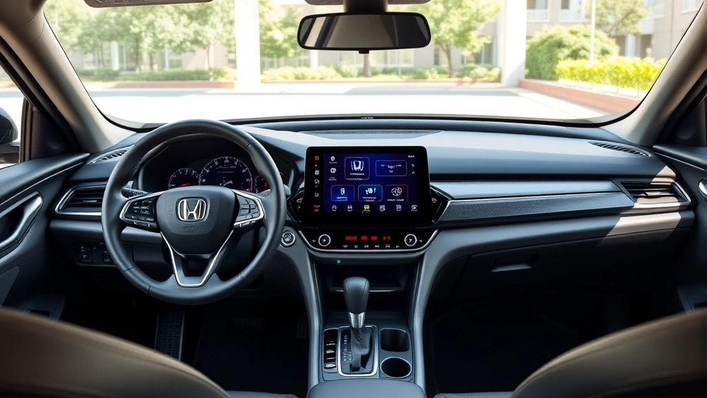 Honda Accord 2024 interior dashboard view showing touchscreen display, steering wheel, and climate controls, modern minimalist design, natural daylight through windows