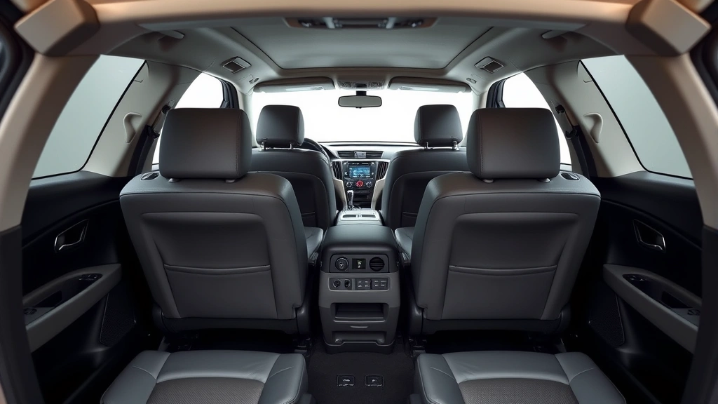 Three-row family SUV interior showing spacious seating configuration, premium materials, and modern dashboard technology with no visible text or displays