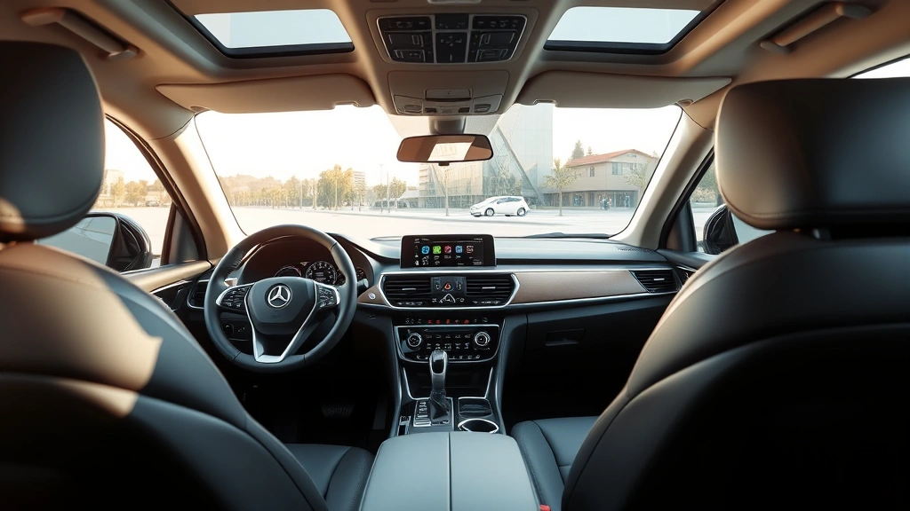 Modern SUV interior showing advanced infotainment touchscreen, leather seats, and dashboard technology in luxury cabin environment, photorealistic detail
