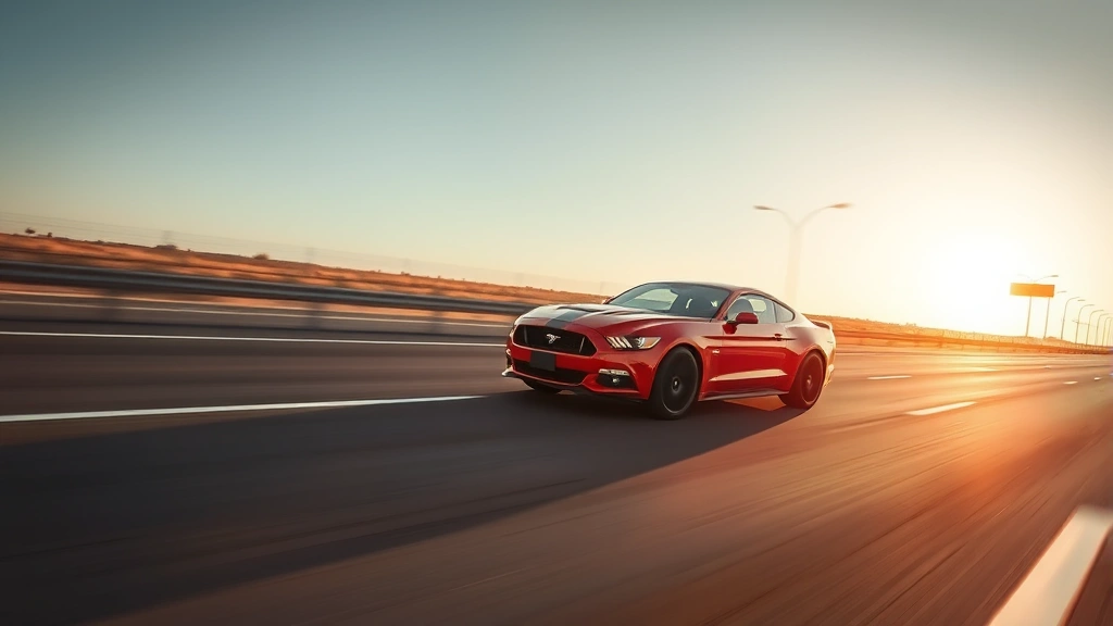 Dynamic red sport sedan accelerating through empty highway with motion blur, professional automotive photography, dramatic lighting, performance-focused composition
