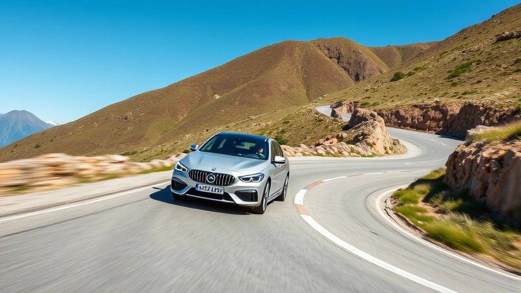 Performance midsize sedan on winding mountain road, dynamic driving angle, clear sky, demonstrating handling capability and agility