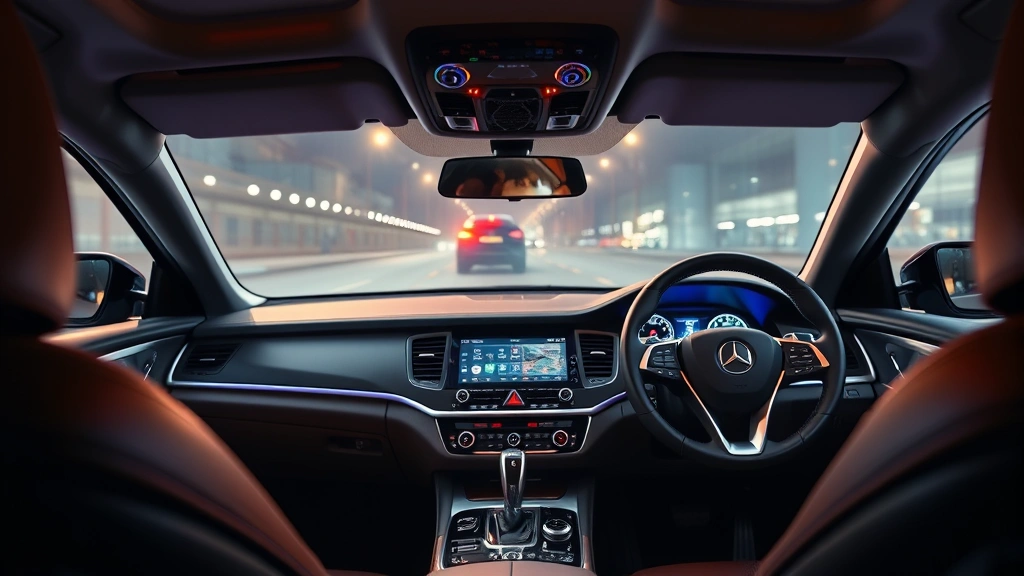 Interior dashboard view of luxury sedan showing modern infotainment display, leather steering wheel, and ambient lighting, premium cabin materials and ergonomic controls visible