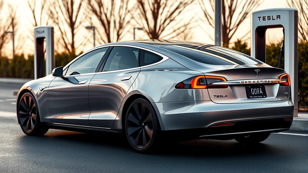 Tesla Model S Plaid sleek electric sedan, midnight silver metallic finish, charging at Supercharger station, modern minimalist design, clean contemporary aesthetic, high-end automotive imagery