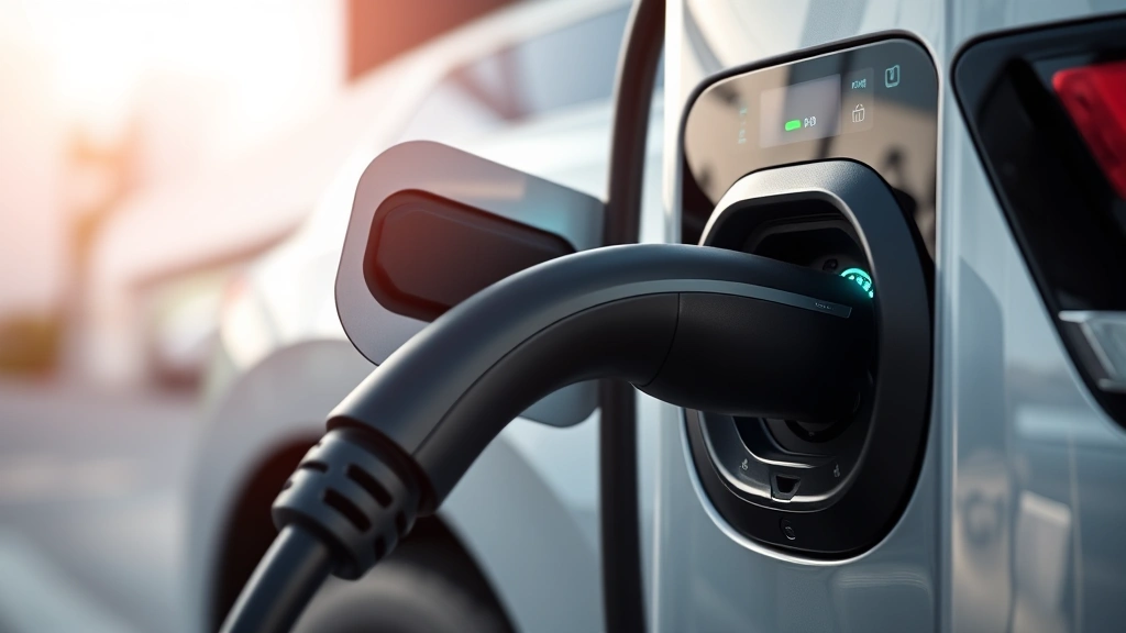 Electric vehicle charging station close-up showing charging connector and modern futuristic design, illuminated display panel, clean minimalist composition, bright daylight, professional automotive photography