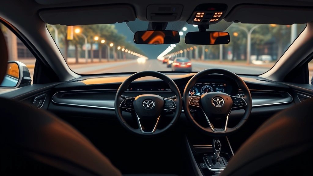 Sedan interior dashboard and steering wheel, modern infotainment screen, premium leather and ambient lighting, driver perspective view, clean minimalist design