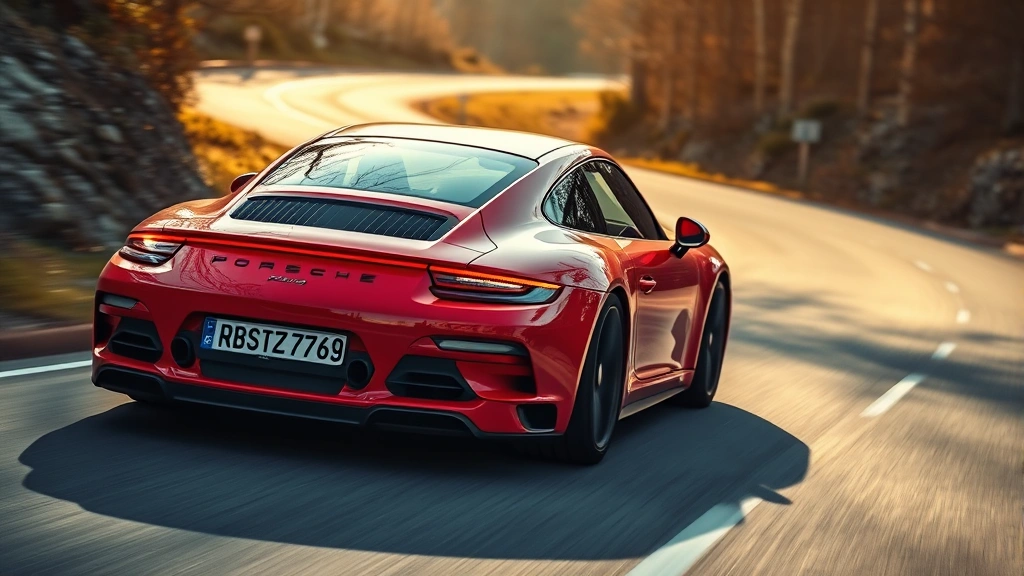 Porsche 911 sports car dynamic driving scene, mid-engine performance car on winding road, dramatic lighting, automotive photojournalism style, no visible license plates