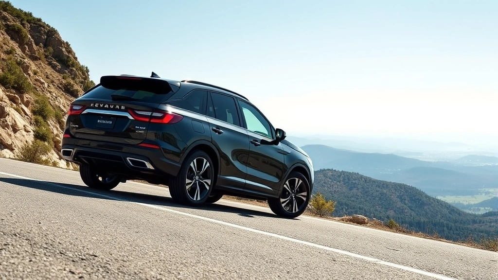 Premium black luxury SUV photographed from three-quarter angle on mountain road overlooking scenic valley, clear sky background, professional showroom lighting quality