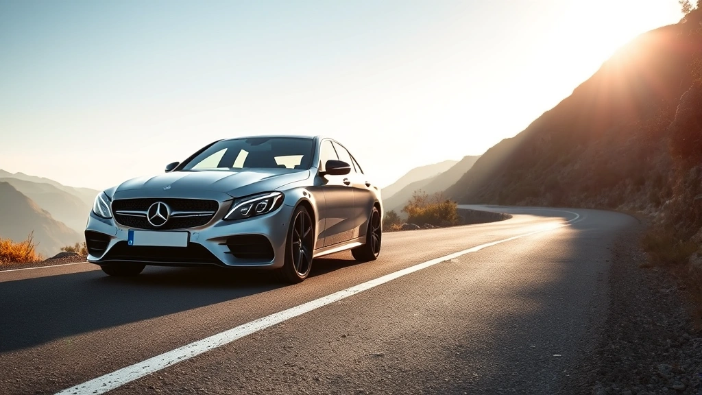 Elegant Mercedes-AMG C43 sedan photographed from three-quarter front angle on winding mountain road with natural landscape, luxury automotive showcase lighting