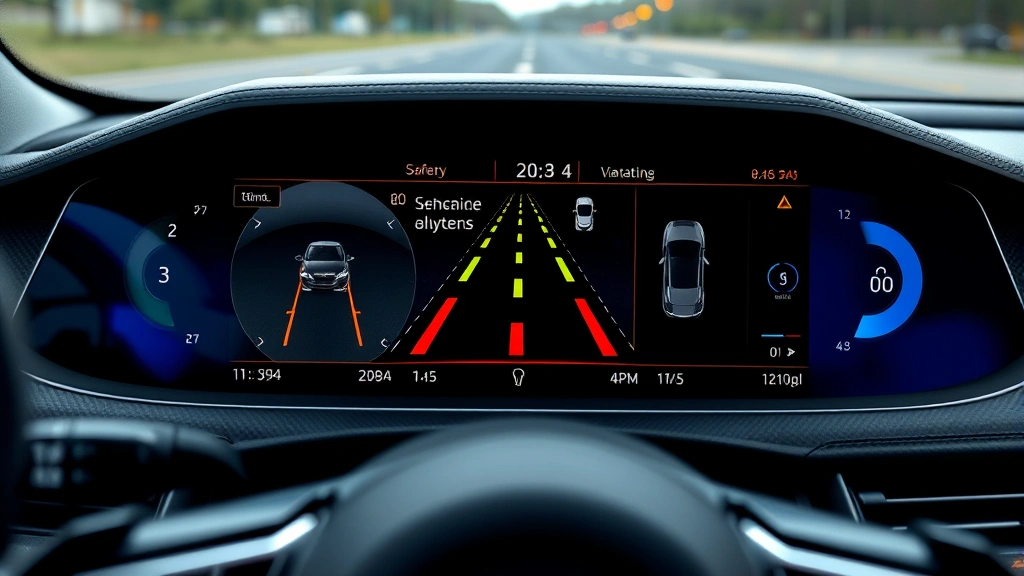 Advanced driver assistance system dashboard display showing multiple sensor inputs, lane detection, and safety alerts on modern vehicle infotainment screen