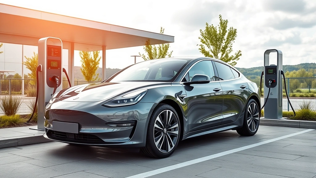 Sleek electric vehicle charging at public charging station with modern architecture and green landscape in background