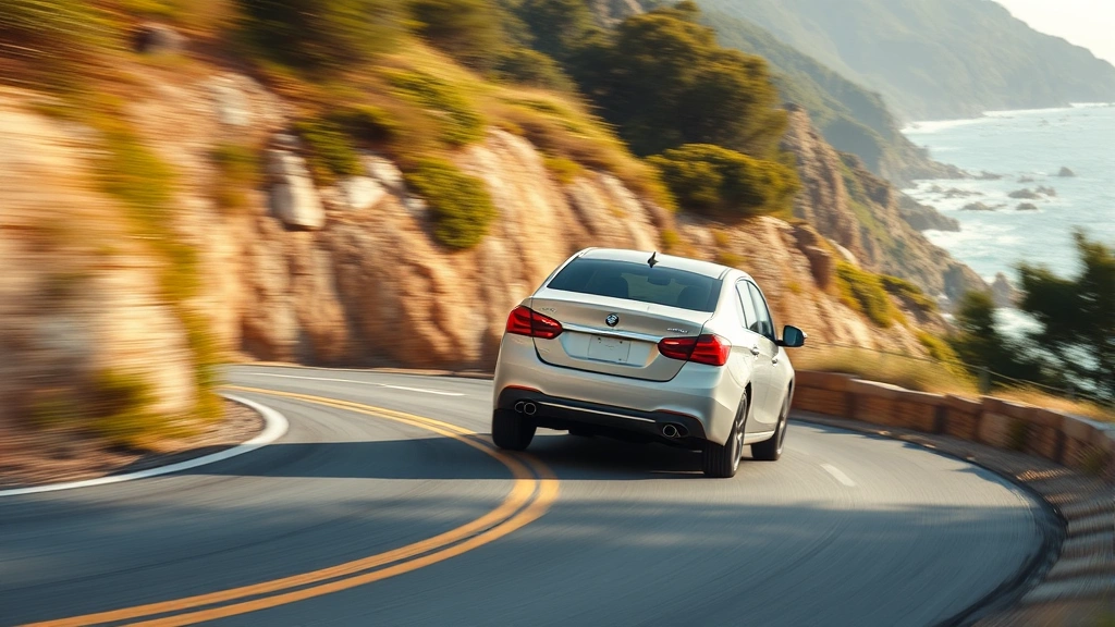 Dynamic action shot of a sedan cornering on a coastal mountain road, demonstrating responsive handling and suspension composure with blurred background and natural lighting