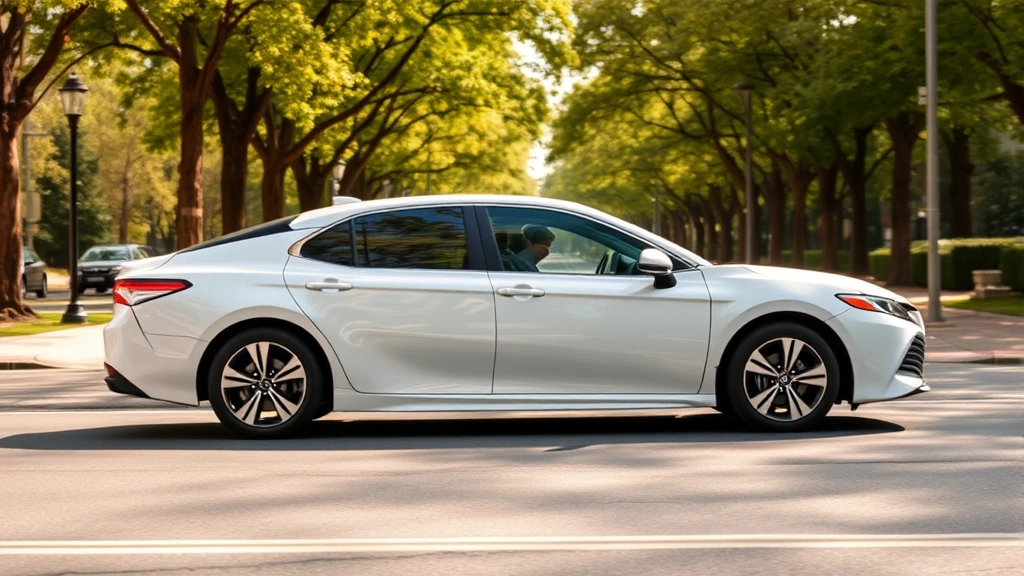 2024 Toyota Camry mid-size sedan in pearl white exterior color, side profile view on tree-lined street, modern sedan design, contemporary automotive styling, daytime photography
