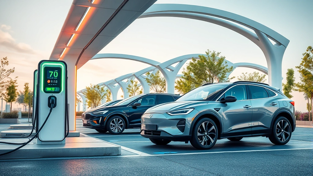Electric vehicle charging at modern fast-charging station with futuristic infrastructure, showcasing sustainability and technological advancement in automotive power