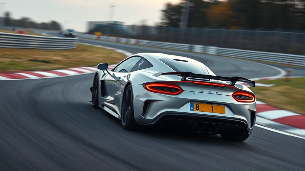 High-performance sports car on closed circuit road course, dynamic driving angle showing responsive cornering, blurred background emphasizing speed and control
