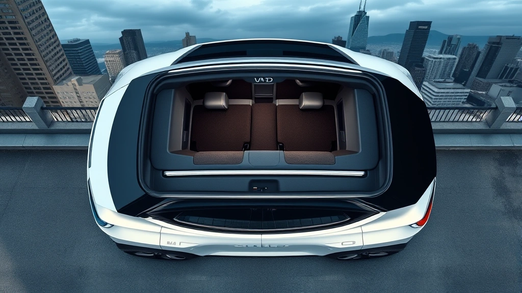 Overhead view of modern SUV parked in urban environment with city skyline background, showcasing spacious cargo area and contemporary design lines