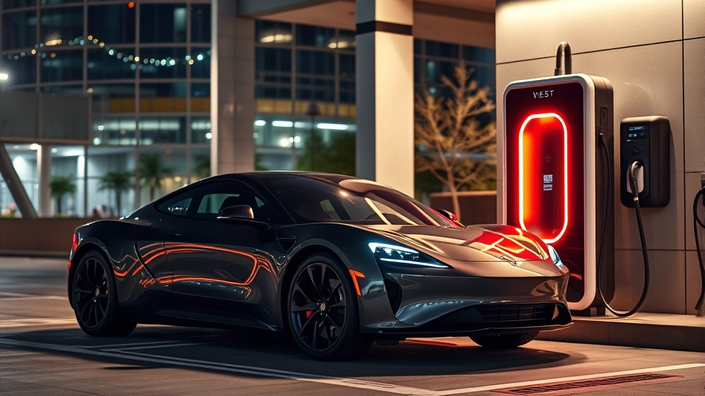 High-performance electric vehicle charging at modern charging station, nighttime urban setting, contemporary architecture background, professional automotive photography, dynamic composition