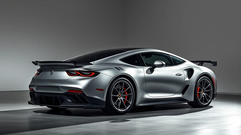 High-performance sports car photographed from three-quarter angle in studio setting with pristine metallic paint, dramatic shadows, and polished wheels reflecting professional lighting