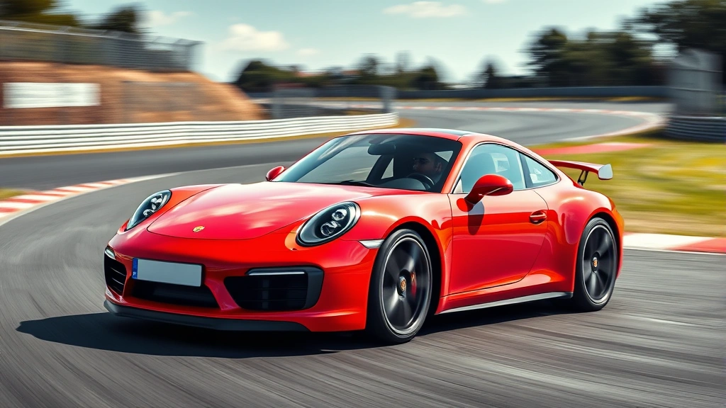 Porsche 911 Carrera sports car in red on race track, dynamic cornering shot with motion blur, professional motorsport photography, clear sunny conditions