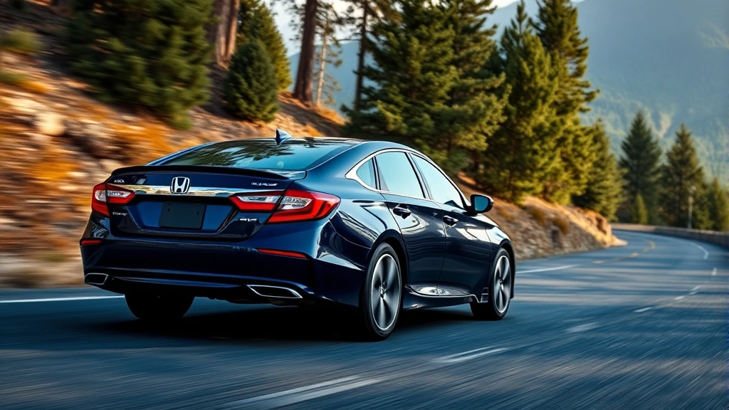Honda Accord Hybrid midnight blue mid-size sedan photographed on winding mountain road with pine trees, dynamic angle showing side profile and refined styling details