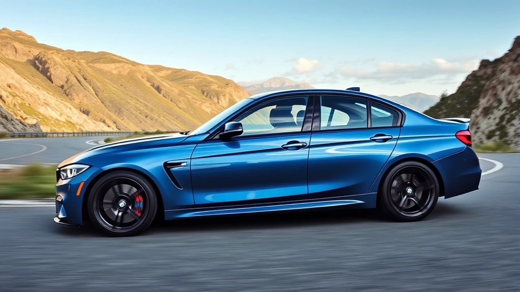 BMW M340i performance sedan in metallic blue, shot from dynamic side profile angle on winding mountain road, turbocharged engine power evident in aggressive stance and racing suspension setup