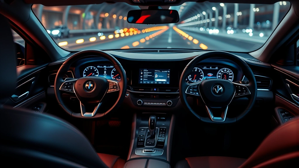 Premium sedan interior dashboard and steering wheel view, showing modern infotainment touchscreen, leather appointments, and sophisticated ambient lighting, upscale cabin environment