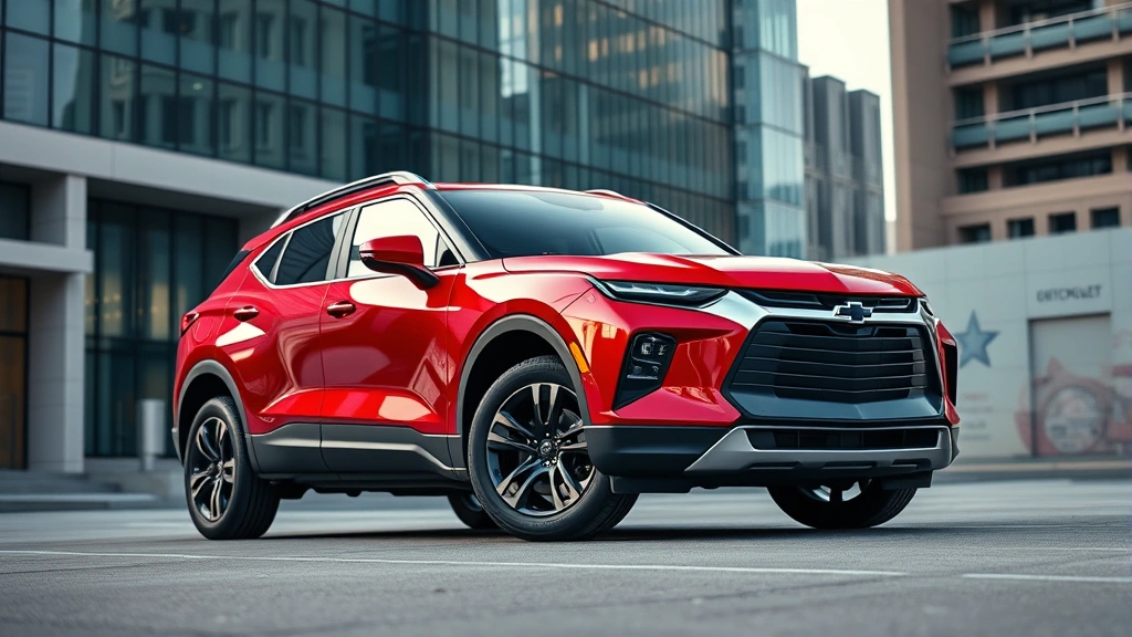 Chevrolet Blazer EV bold red crossover parked in modern urban setting with contemporary architecture, dynamic angle showing aggressive front grille and wheel design