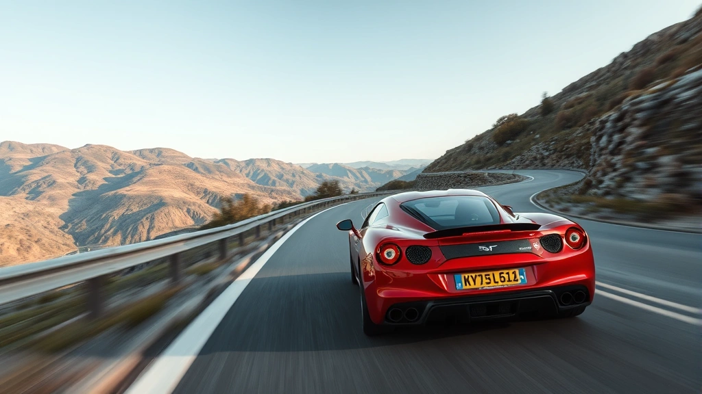 High-performance sports car accelerating on winding mountain pass road, dynamic motion blur, scenic landscape background, professional automotive photography
