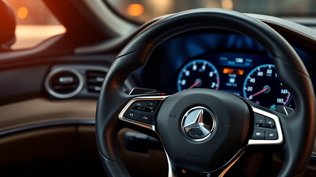 Close-up of luxury car interior dashboard showing premium materials, leather steering wheel, digital instrument cluster, soft interior lighting highlighting craftsmanship details