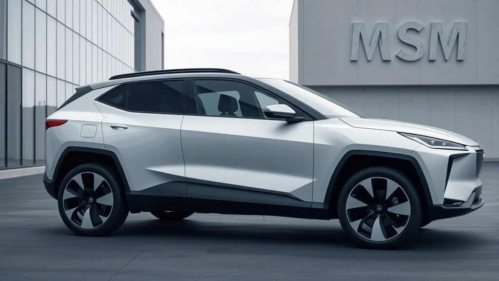 Futuristic electric SUV in pearl white with angular design, parked in minimalist setting with contemporary building, cinematic automotive shot