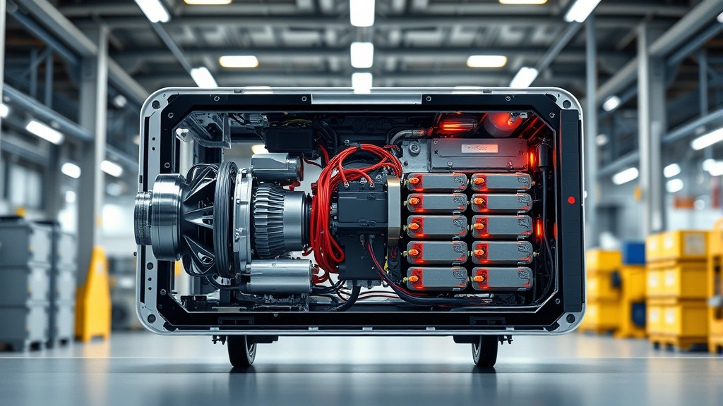Hybrid battery pack technical cutaway showing electric motor, power electronics, and battery cells in modern manufacturing facility with clean industrial lighting