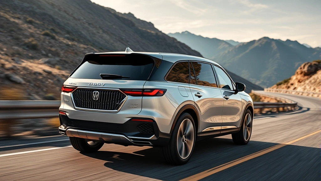 Luxury SUV driving on winding mountain road, premium interior visible through windows, dynamic motion, professional automotive photography style