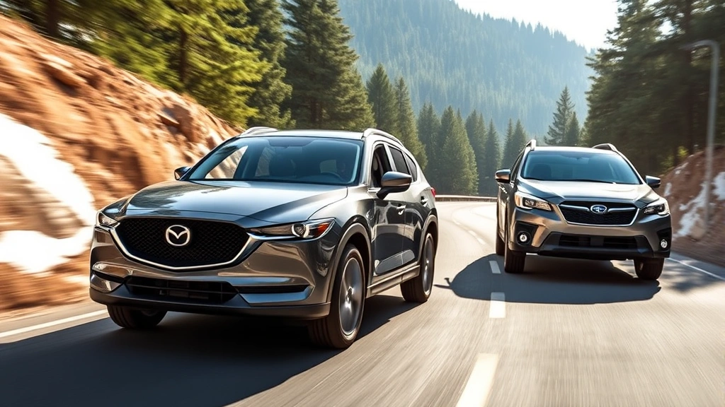 Mazda CX-5 and Subaru Outback driving through mountain pass roads with coniferous forest background, showcasing all-wheel-drive capability and SUV stance, natural daylight with dynamic motion blur