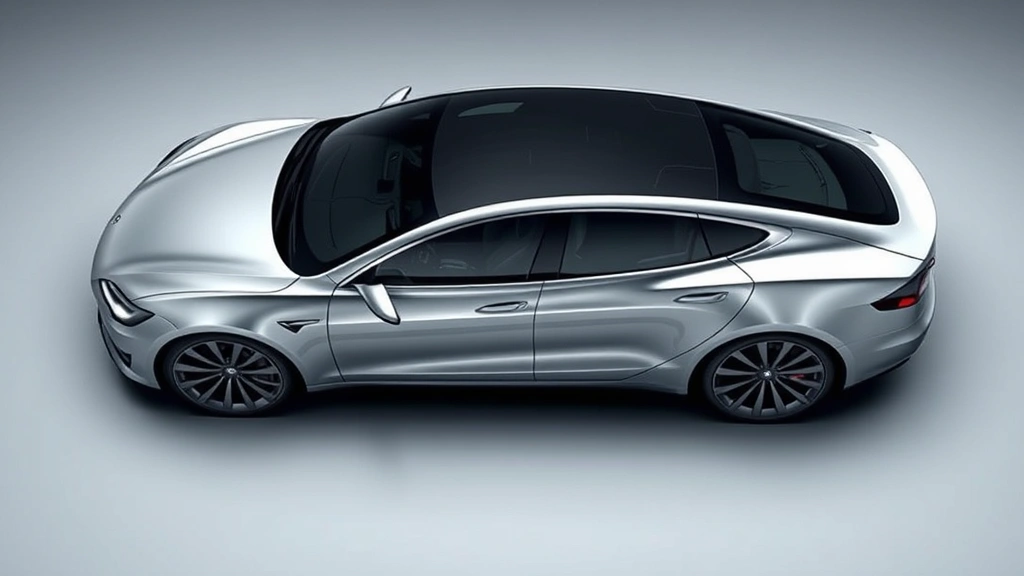 2024 Tesla Model S Plaid silver sedan from above angle showing sleek profile, modern minimalist design, professional studio lighting, premium automotive photography, no visible text or badges