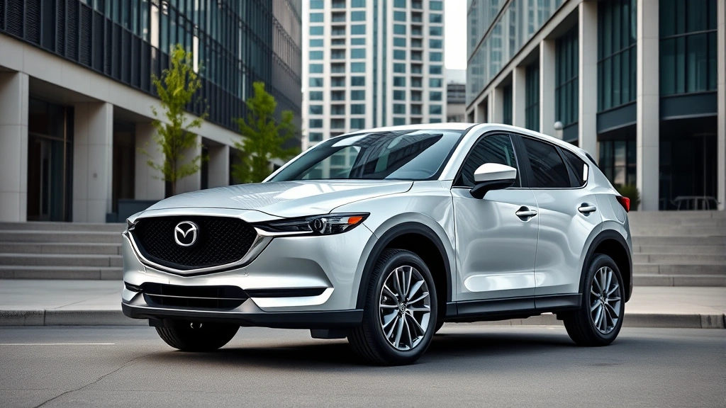Mazda CX-5 crossover parked in contemporary urban setting with modern architecture background, clean lines, professional automotive styling shot, natural daylight