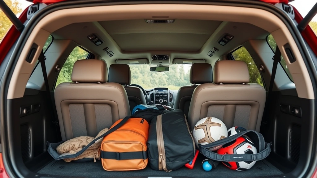 Family SUV with three rows of seating interior showing comfortable upholstery, climate controls, and spacious cargo area with luggage and sports equipment loaded