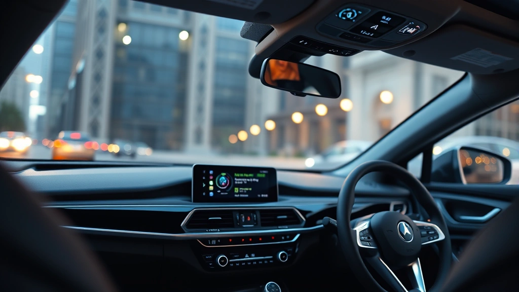 Interior dashboard view showing modern infotainment system with smartphone integration, climate controls, and steering wheel features in luxury car cabin with ambient lighting