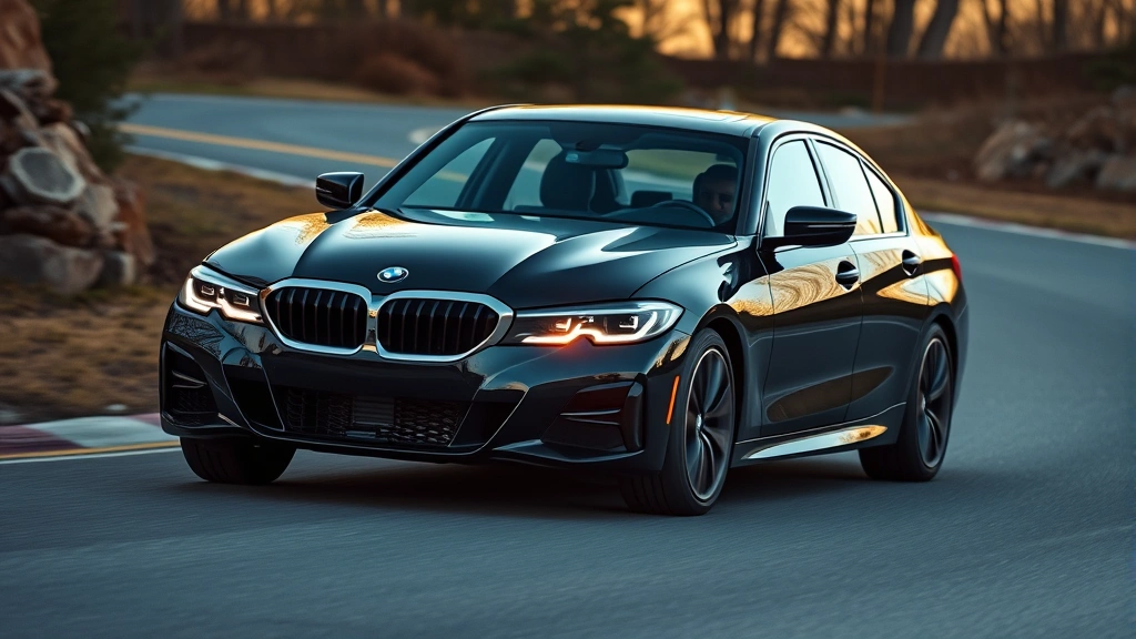 2024 BMW 330i black sedan captured mid-corner on winding road with dynamic lighting, emphasizing sport-tuned suspension and aggressive front grille styling