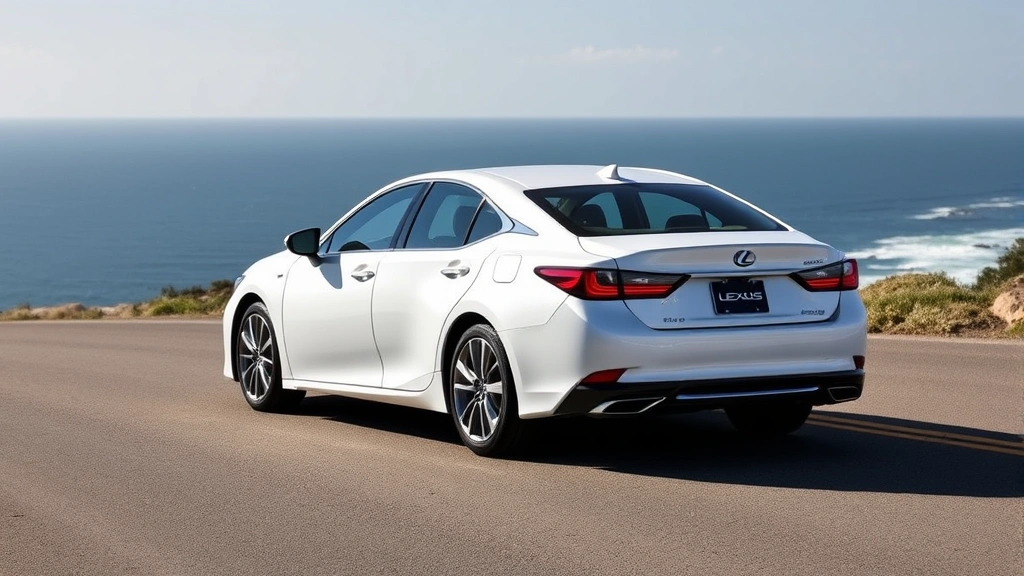 Lexus ES 350 luxury sedan in white, photographed from three-quarter angle on scenic coastal road with ocean horizon, premium automotive styling