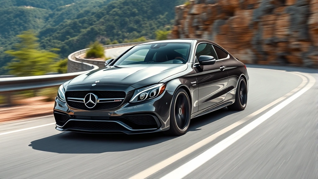 Dynamic action shot of Mercedes-AMG C63 accelerating on winding mountain road, showcasing turbocharged performance and responsive handling through technical curves with precision steering